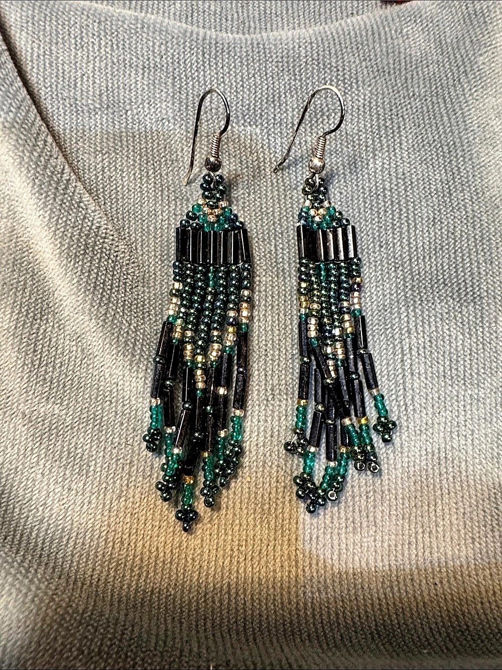 Beaded Fringe Earrings in Green & Black Like New